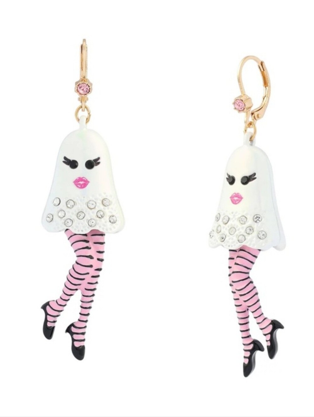 Betsey Johnson Girly Ghost Drop Earrings with Rhinestones, NWT